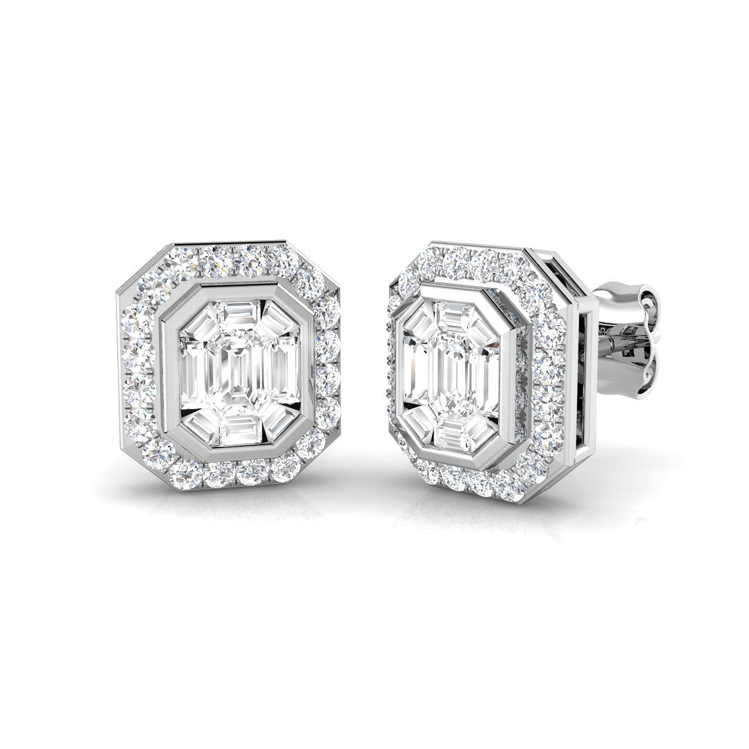 Stud Earrings with Emerald Cut Diamond Halo - 1ct Solid in 10K/14K gold and platinum with certified lab-grown or natural diamonds