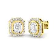 Stud Earrings with Emerald Cut Diamond Halo - 1ct Solid in 10K/14K gold and platinum with certified lab-grown or natural diamonds