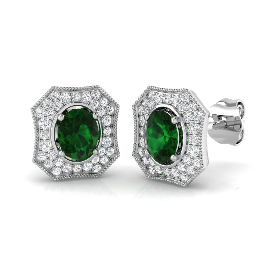 Green Emerald Pave Diamond Stud Earrings in 10K/14K gold and platinum with certified lab-grown or natural diamonds