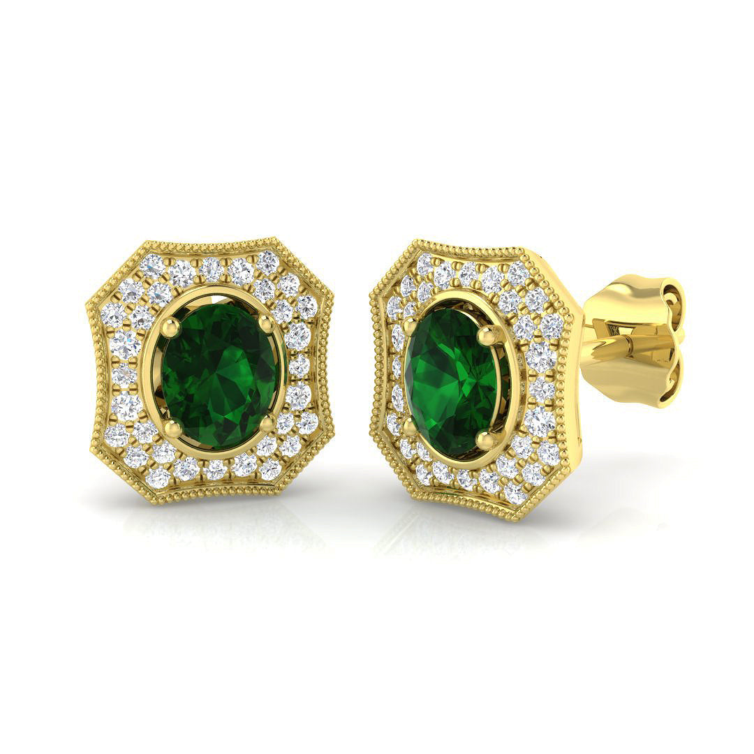 Green Emerald Pave Diamond Stud Earrings in 10K/14K gold and platinum with certified lab-grown or natural diamonds