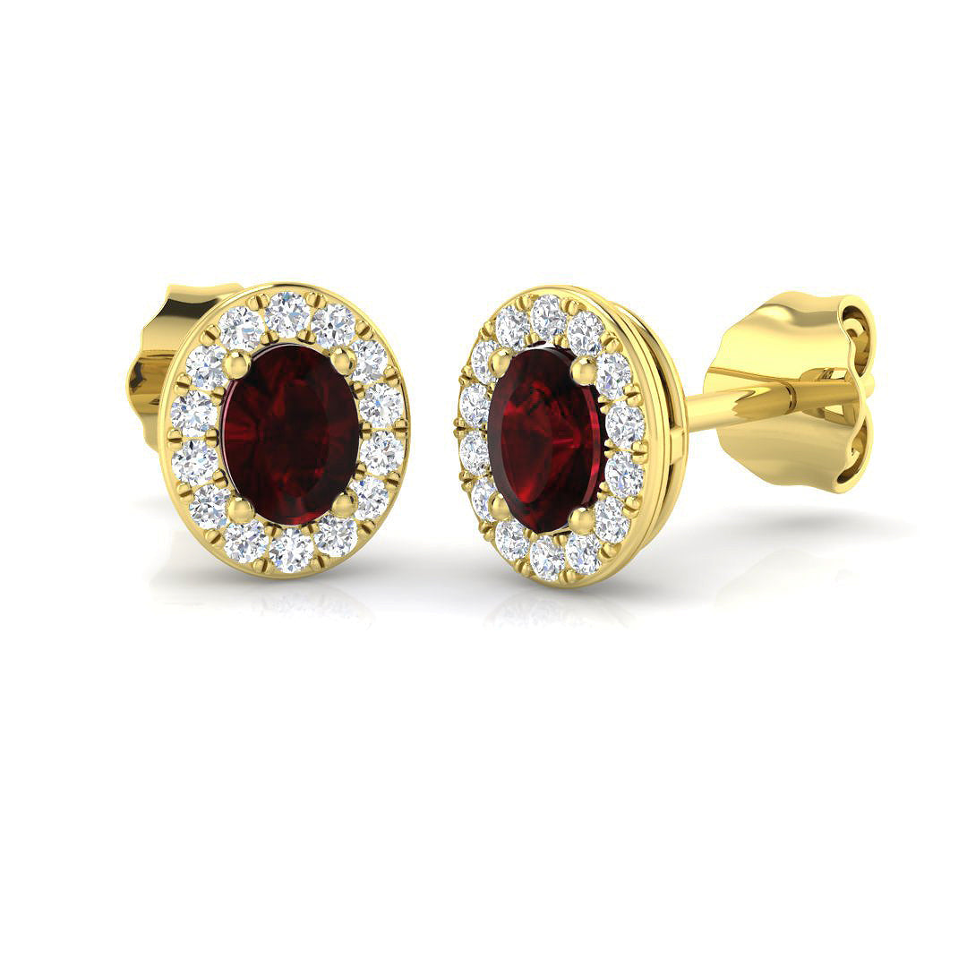 Oval Cut Ruby Halo Stud Earrings in 10K/14K gold and platinum with certified lab-grown or natural diamonds