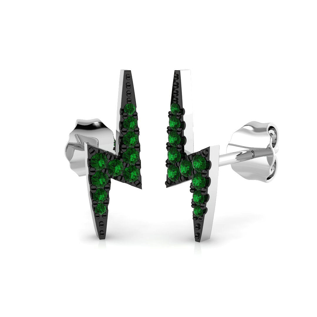 Green Emerald Lightning Bolt Stud Earrings in 10K/14K gold and platinum with certified lab-grown or natural diamonds