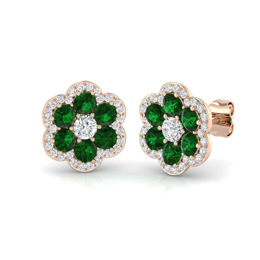Emerald Floral Cluster Stud Earrings in Halo Design in 10K/14K gold and platinum with certified lab-grown or natural diamonds