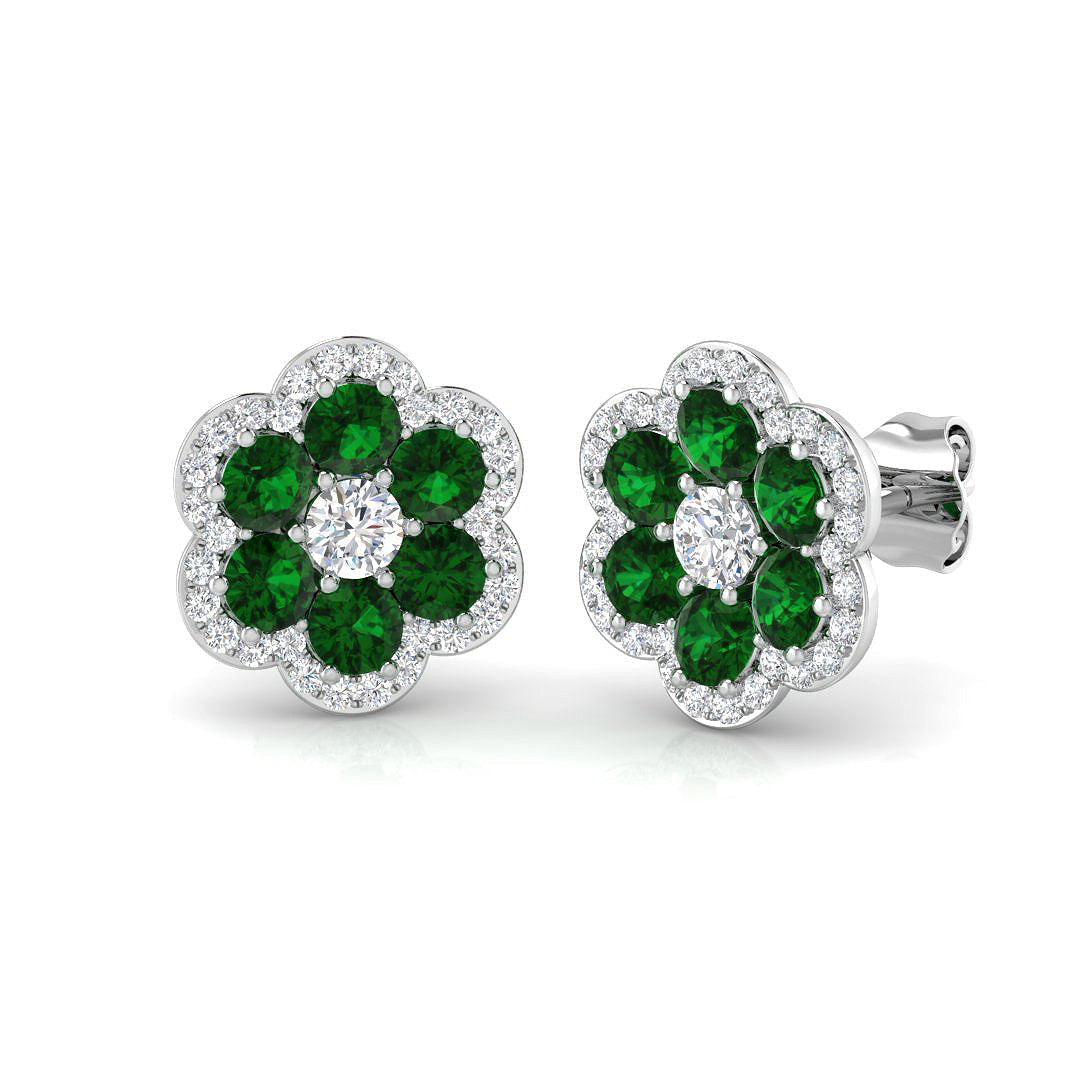 Emerald Floral Cluster Stud Earrings in Halo Design in 10K/14K gold and platinum with certified lab-grown or natural diamonds
