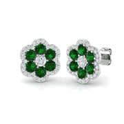 Emerald Floral Cluster Stud Earrings in Halo Design in 10K/14K gold and platinum with certified lab-grown or natural diamonds