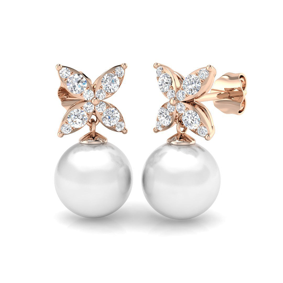 Butterfly Pearl Drop Earrings with Push Back Clasp in 10K/14K gold and platinum with certified lab-grown or natural diamonds