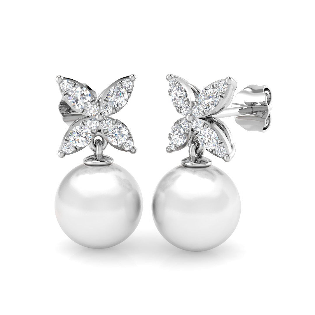 Butterfly Pearl Drop Earrings with Push Back Clasp in 10K/14K gold and platinum with certified lab-grown or natural diamonds