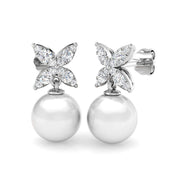 Butterfly Pearl Drop Earrings with Push Back Clasp in 10K/14K gold and platinum with certified lab-grown or natural diamonds