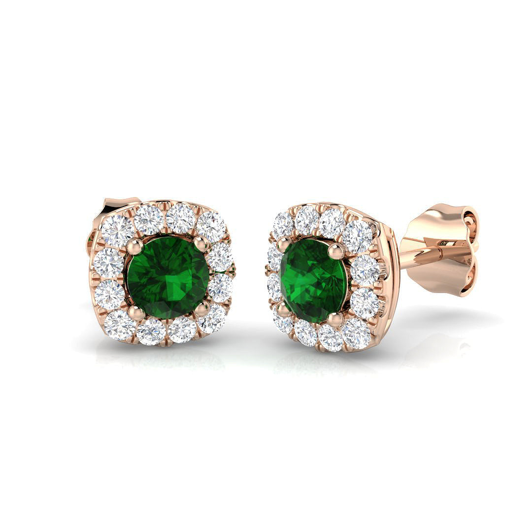 Green Emerald Halo Diamond Earrings in 10K/14K gold and platinum with certified lab-grown or natural diamonds