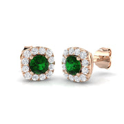 Green Emerald Halo Diamond Earrings in 10K/14K gold and platinum with certified lab-grown or natural diamonds