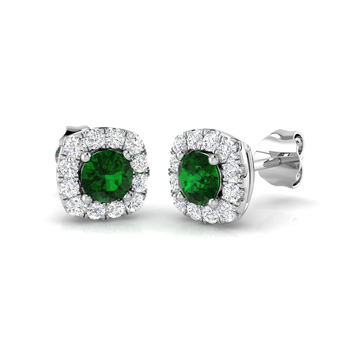 Green Emerald Halo Diamond Earrings in 10K/14K gold and platinum with certified lab-grown or natural diamonds