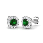 Green Emerald Halo Diamond Earrings in 10K/14K gold and platinum with certified lab-grown or natural diamonds