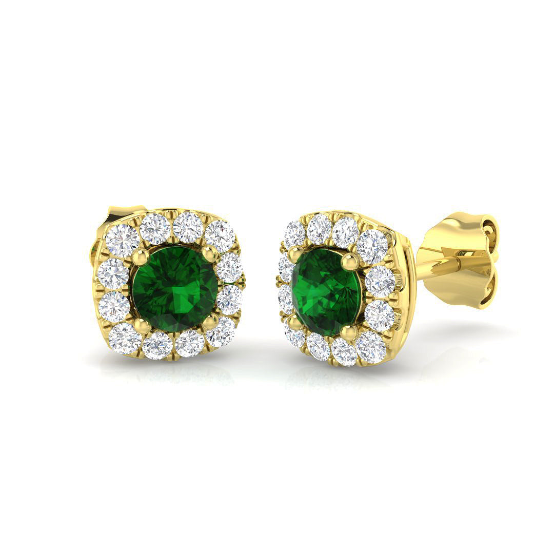 Green Emerald Halo Diamond Earrings in 10K/14K gold and platinum with certified lab-grown or natural diamonds