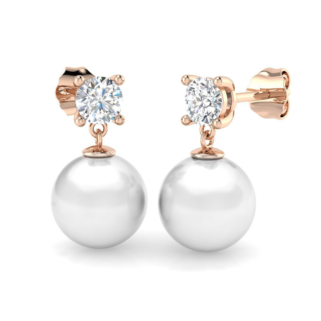 Pearl Diamond Drop Earrings with Round Diamonds - Gold & Platinum - UK in 10K/14K gold and platinum with certified lab-grown or natural diamonds