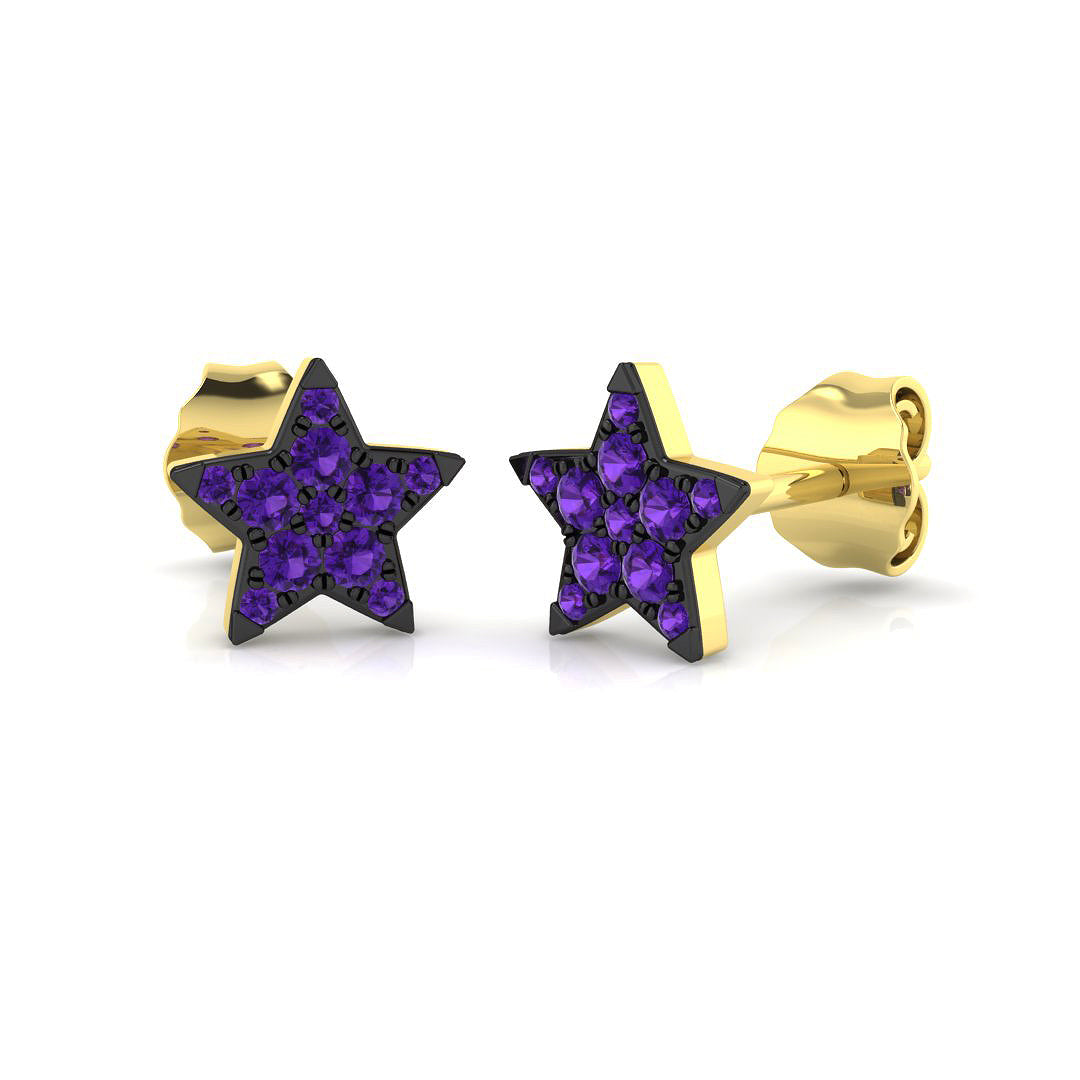 Stud Earrings with Purple Gemstone Star Shape Cluster in 10K/14K gold and platinum with certified lab-grown or natural diamonds