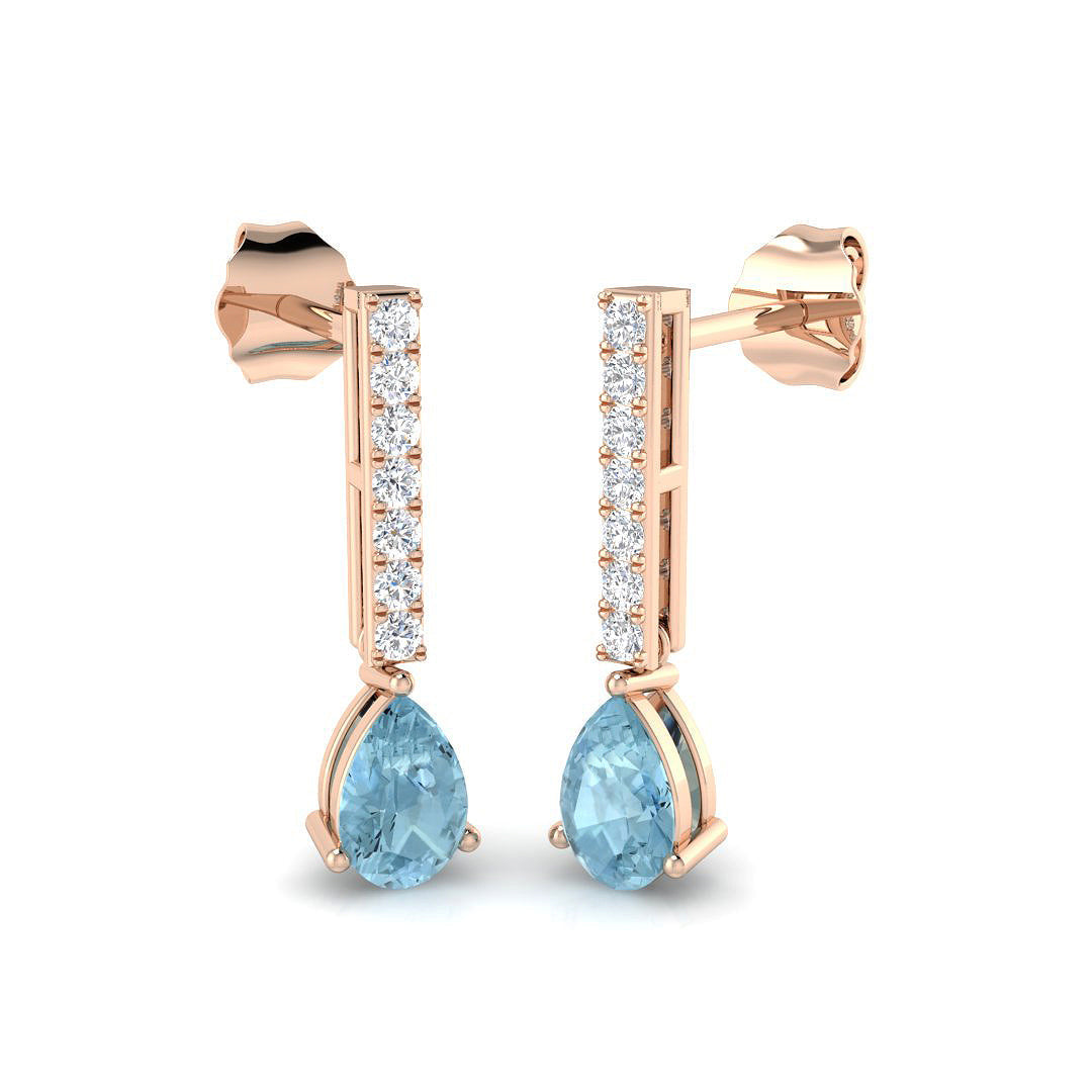 Pear Cut Aquamarine Diamond Bar Drop Earrings in 10K/14K gold and platinum with certified lab-grown or natural diamonds