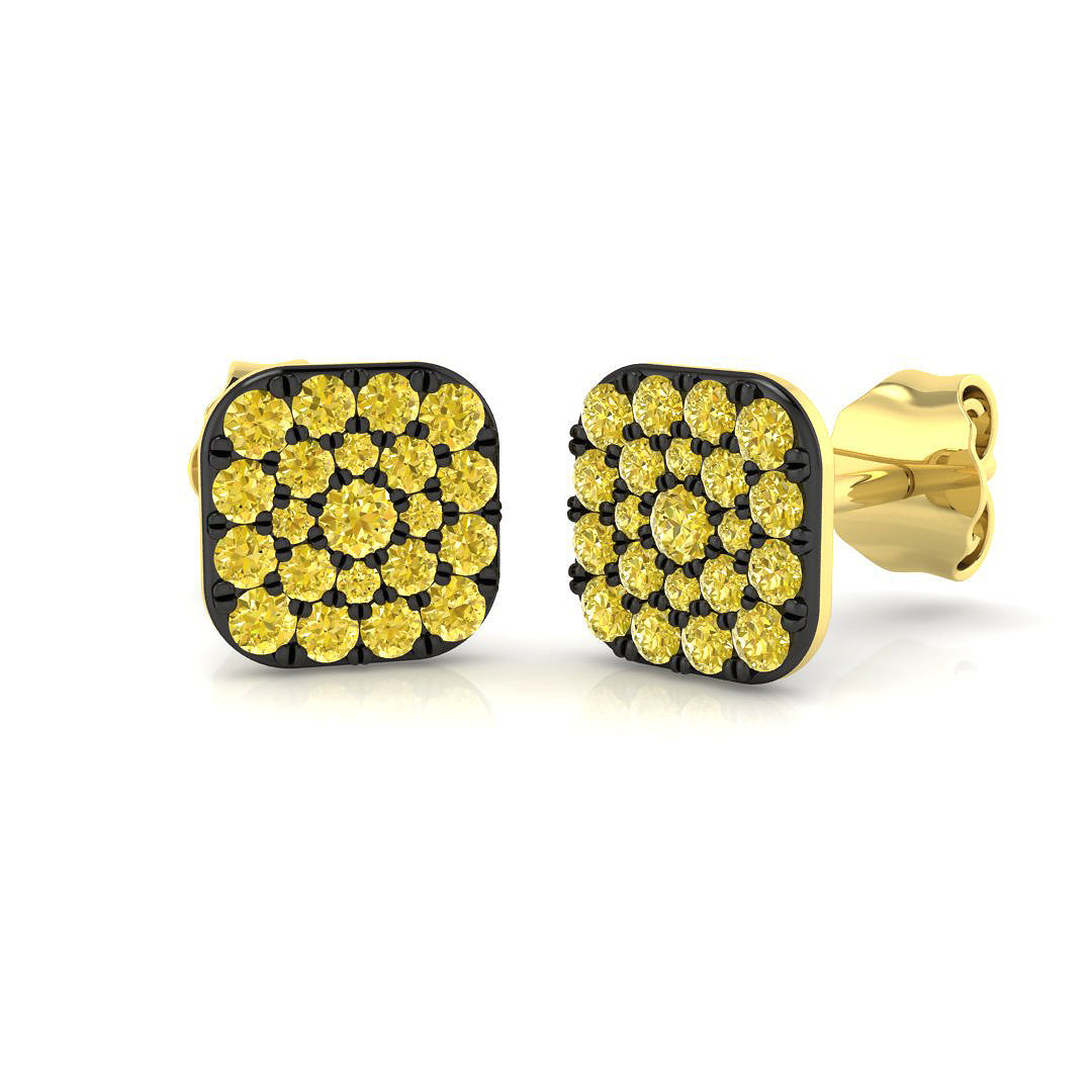 Bold Square Yellow Diamond Cluster Stud Earrings - 0.50ct Two-Tone in 10K/14K gold and platinum with certified lab-grown or natural diamonds