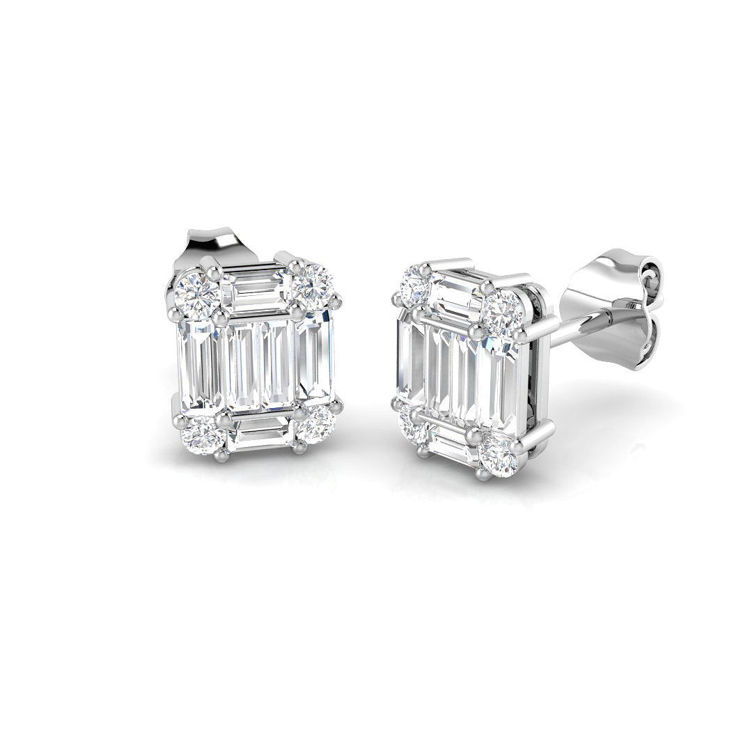 Stud Earrings with Rectangular Baguette Cluster - 1ct Solid in 10K/14K gold and platinum with certified lab-grown or natural diamonds