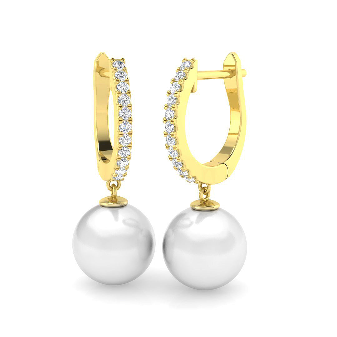 Pearl Diamond Hoop Earrings in Gold - Latch Back Clasp - UK Hallmarked in 10K/14K gold and platinum with certified lab-grown or natural diamonds