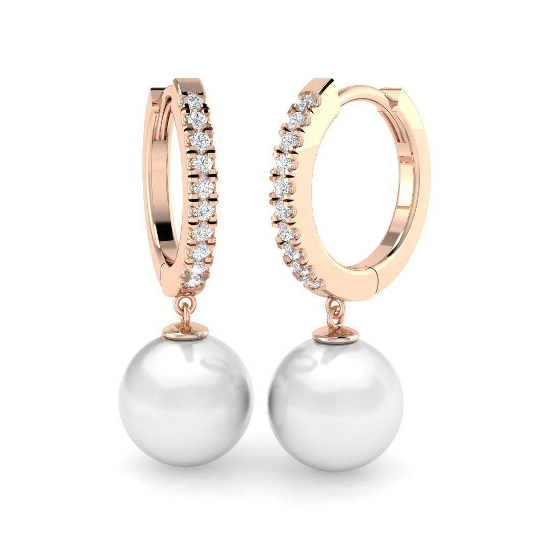 Diamond Hoop Pearl Drop Earrings with Round Pearl in 10K/14K gold and platinum with certified lab-grown or natural diamonds