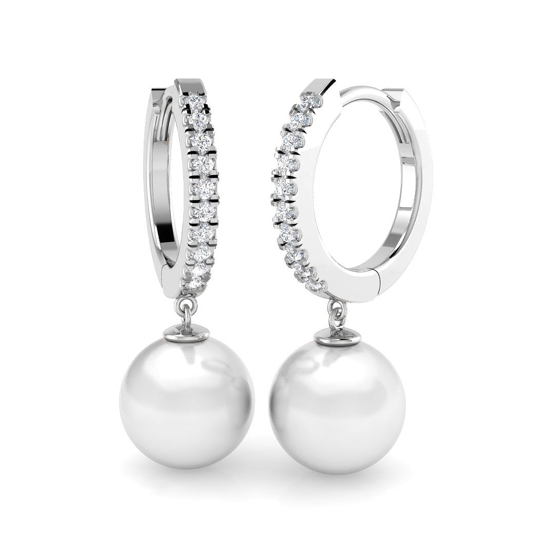 Diamond Hoop Pearl Drop Earrings with Round Pearl in 10K/14K gold and platinum with certified lab-grown or natural diamonds