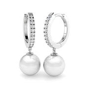 Diamond Hoop Pearl Drop Earrings with Round Pearl in 10K/14K gold and platinum with certified lab-grown or natural diamonds