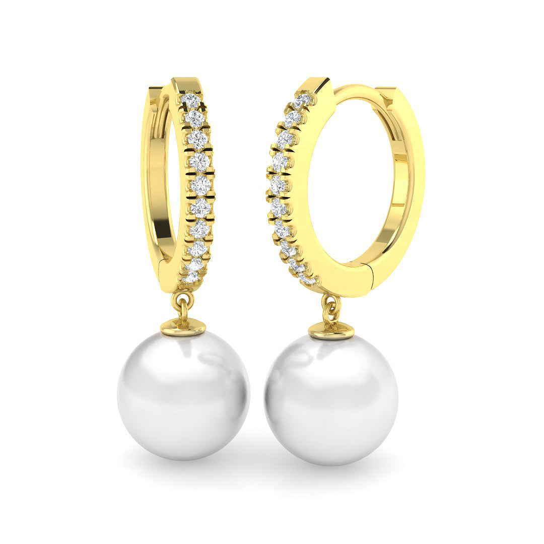Diamond Hoop Pearl Drop Earrings with Round Pearl in 10K/14K gold and platinum with certified lab-grown or natural diamonds