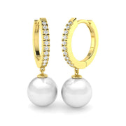 Diamond Hoop Pearl Drop Earrings with Round Pearl in 10K/14K gold and platinum with certified lab-grown or natural diamonds