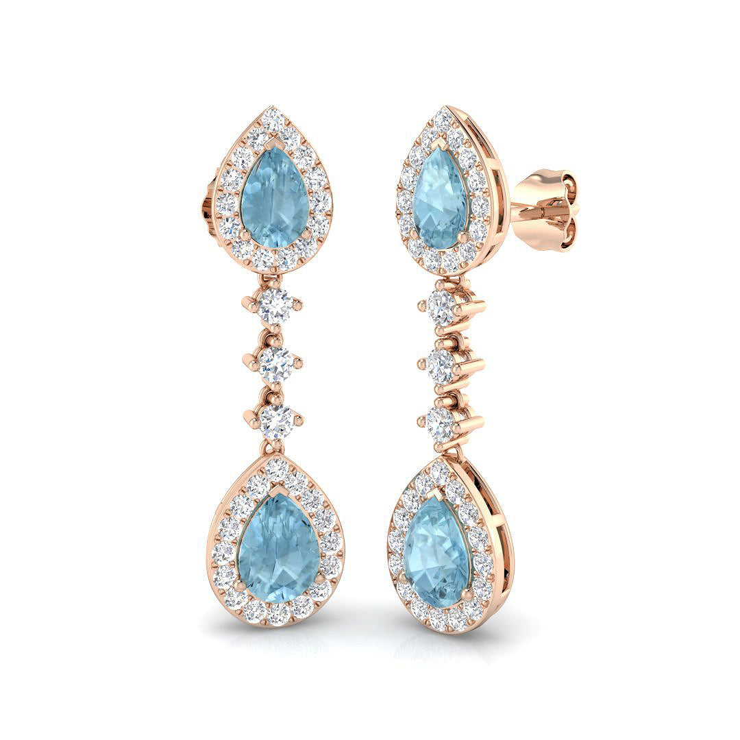 Teardrop Aquamarine Halo Pave Diamond Drop Earrings in 10K/14K gold and platinum with certified lab-grown or natural diamonds