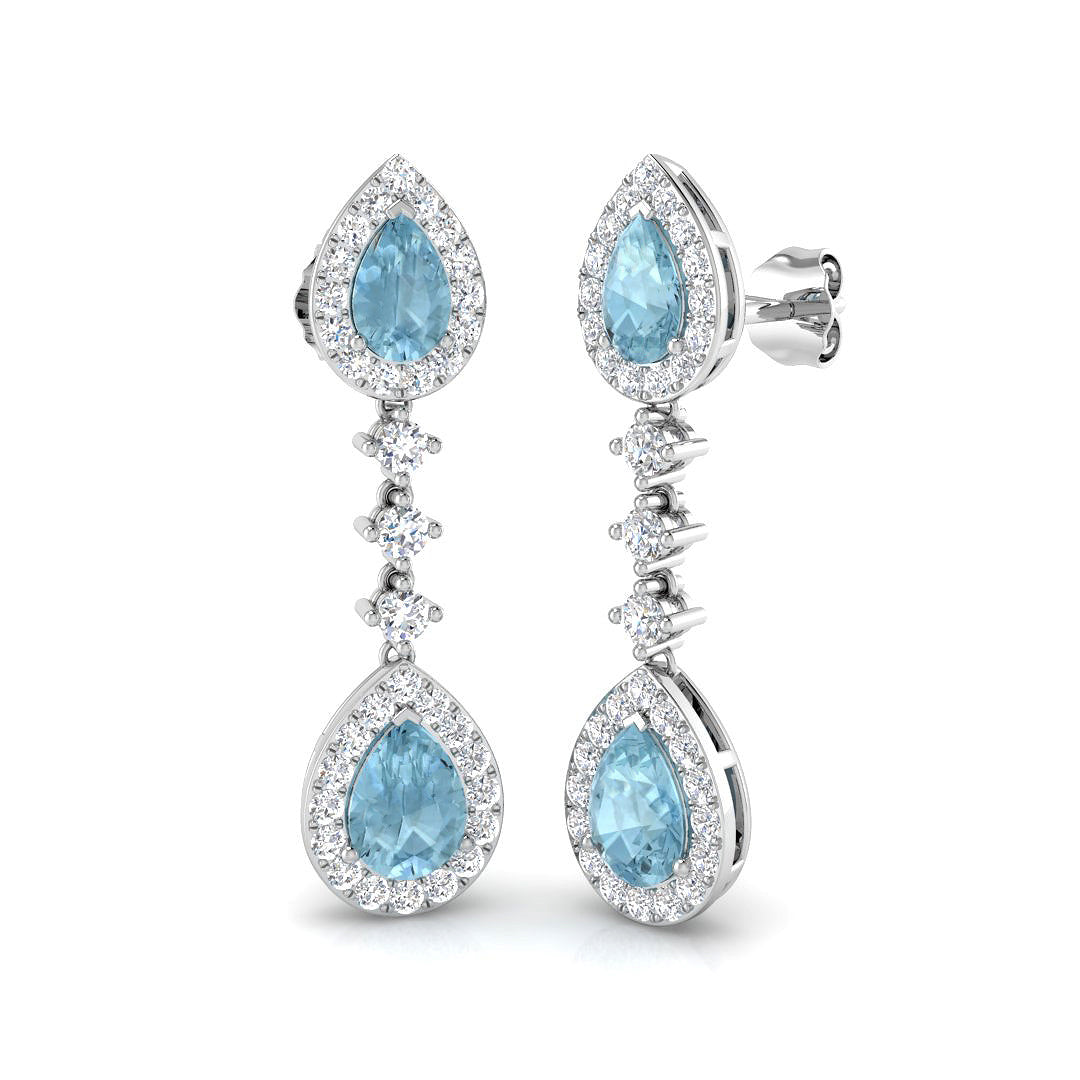 Teardrop Aquamarine Halo Pave Diamond Drop Earrings in 10K/14K gold and platinum with certified lab-grown or natural diamonds