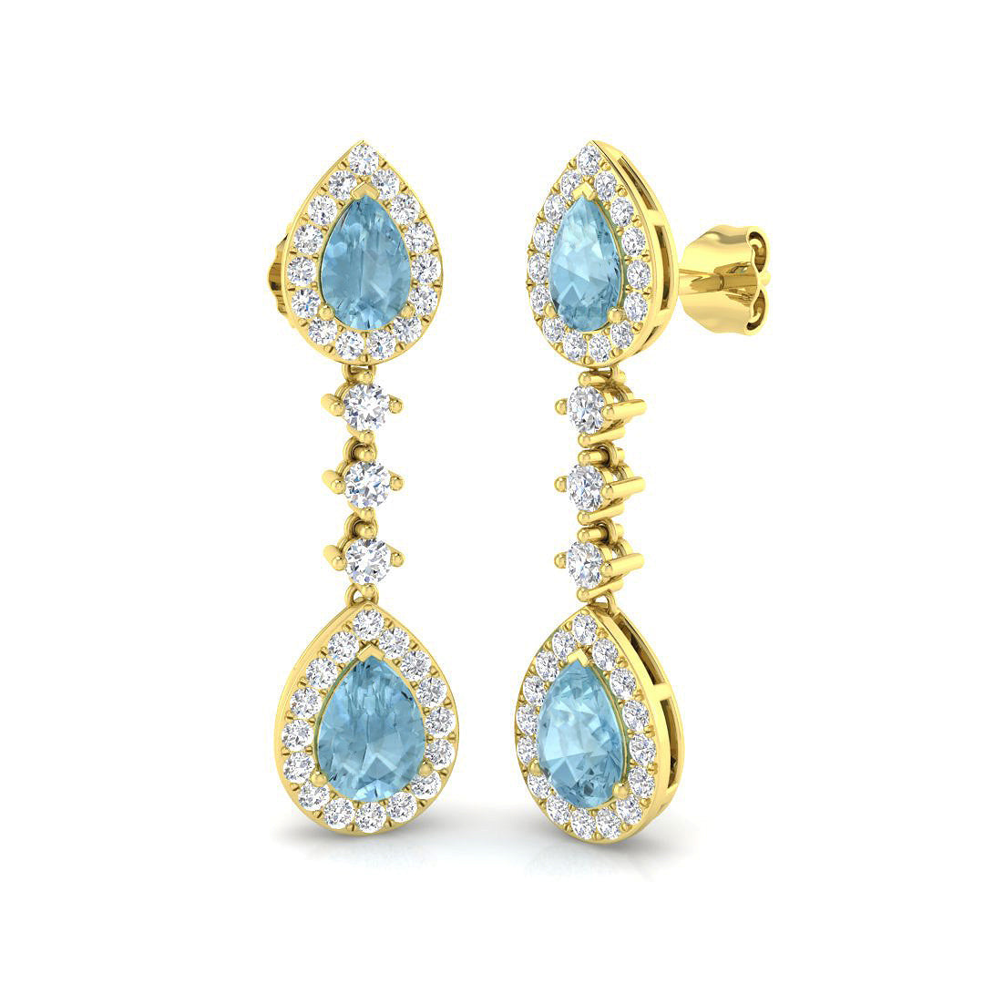 Teardrop Aquamarine Halo Pave Diamond Drop Earrings in 10K/14K gold and platinum with certified lab-grown or natural diamonds