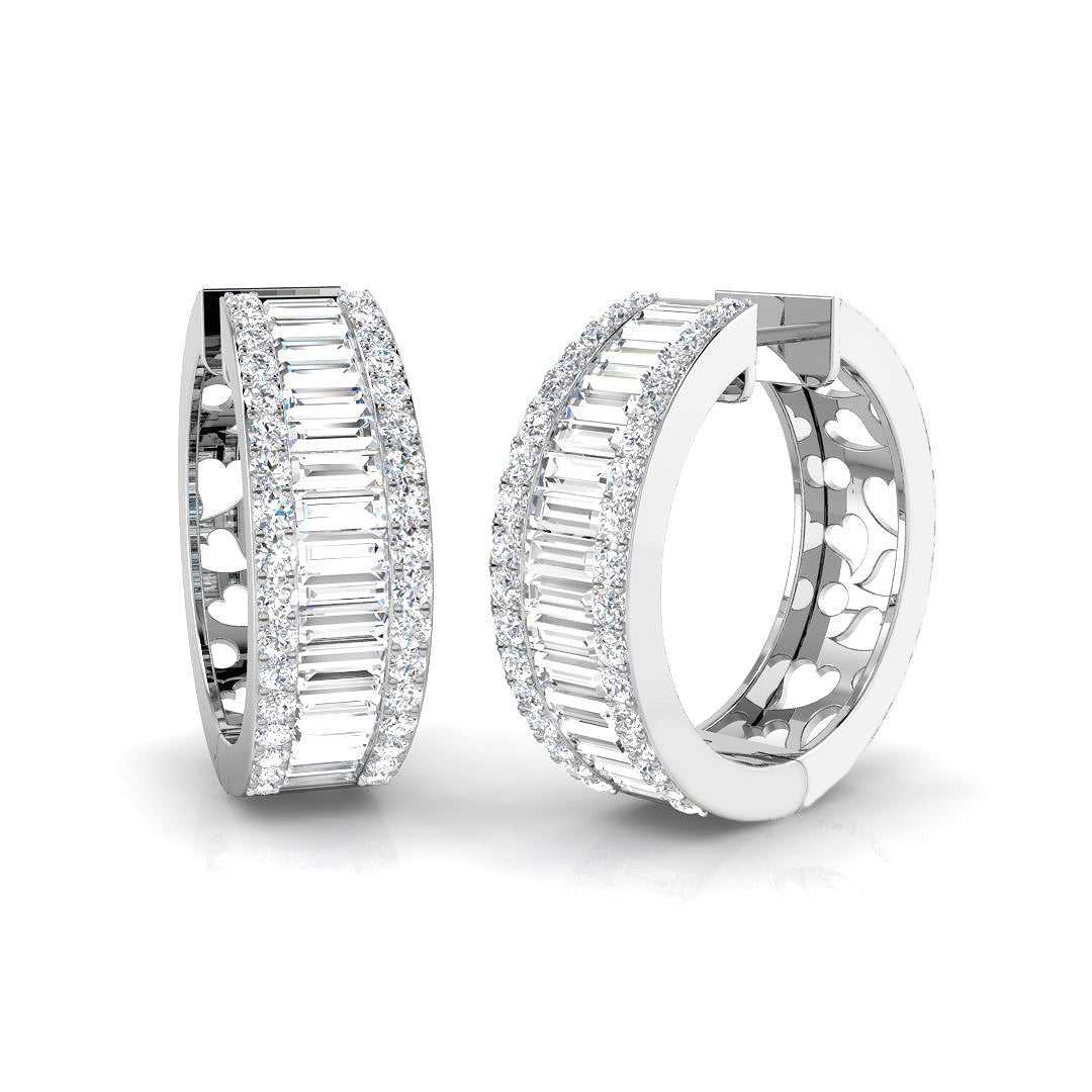 Hoop Earrings with Baguette and Round Diamonds - 3.5ct Heart Design in 10K/14K gold and platinum with certified lab-grown or natural diamonds