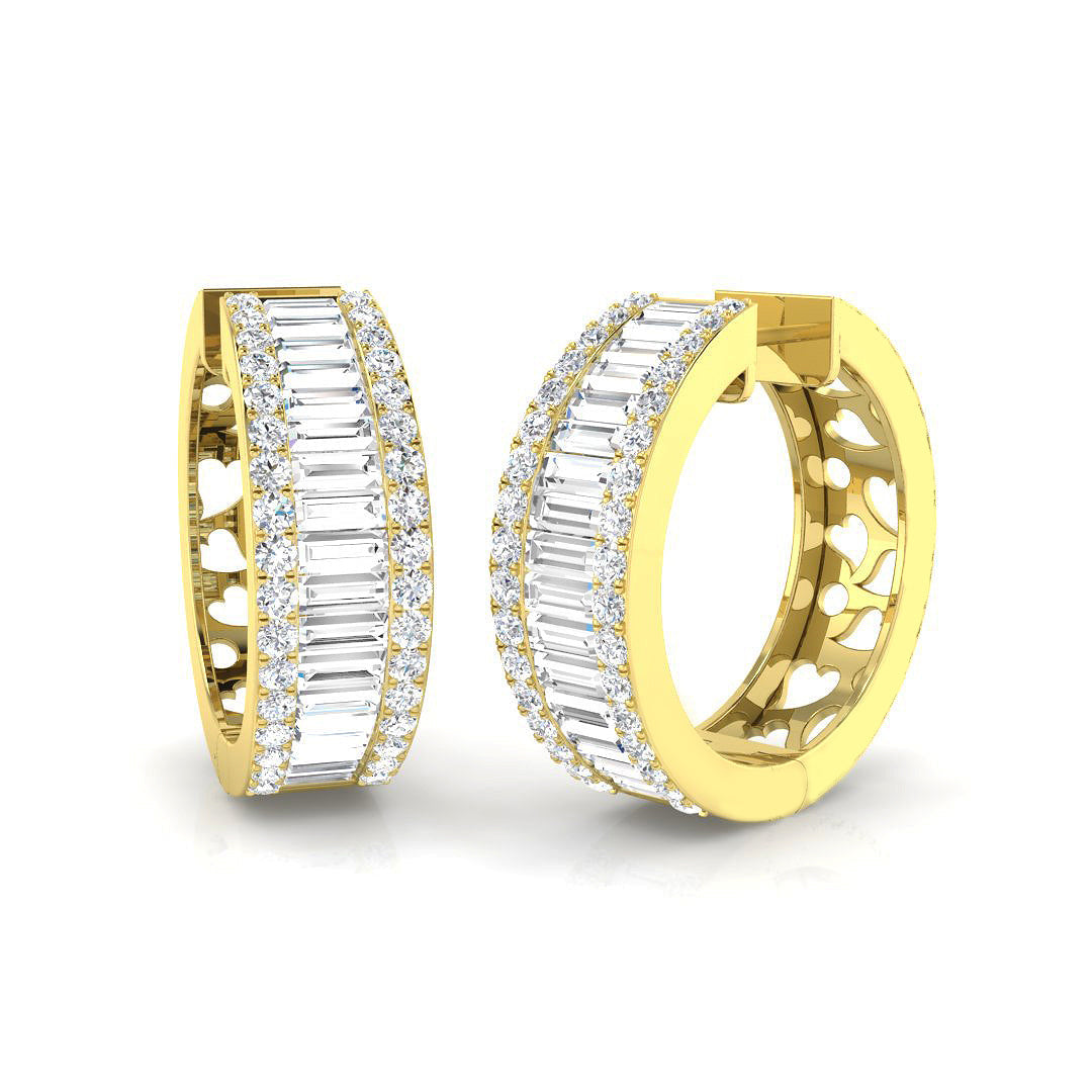 Hoop Earrings with Baguette and Round Diamonds - 3.5ct Heart Design in 10K/14K gold and platinum with certified lab-grown or natural diamonds