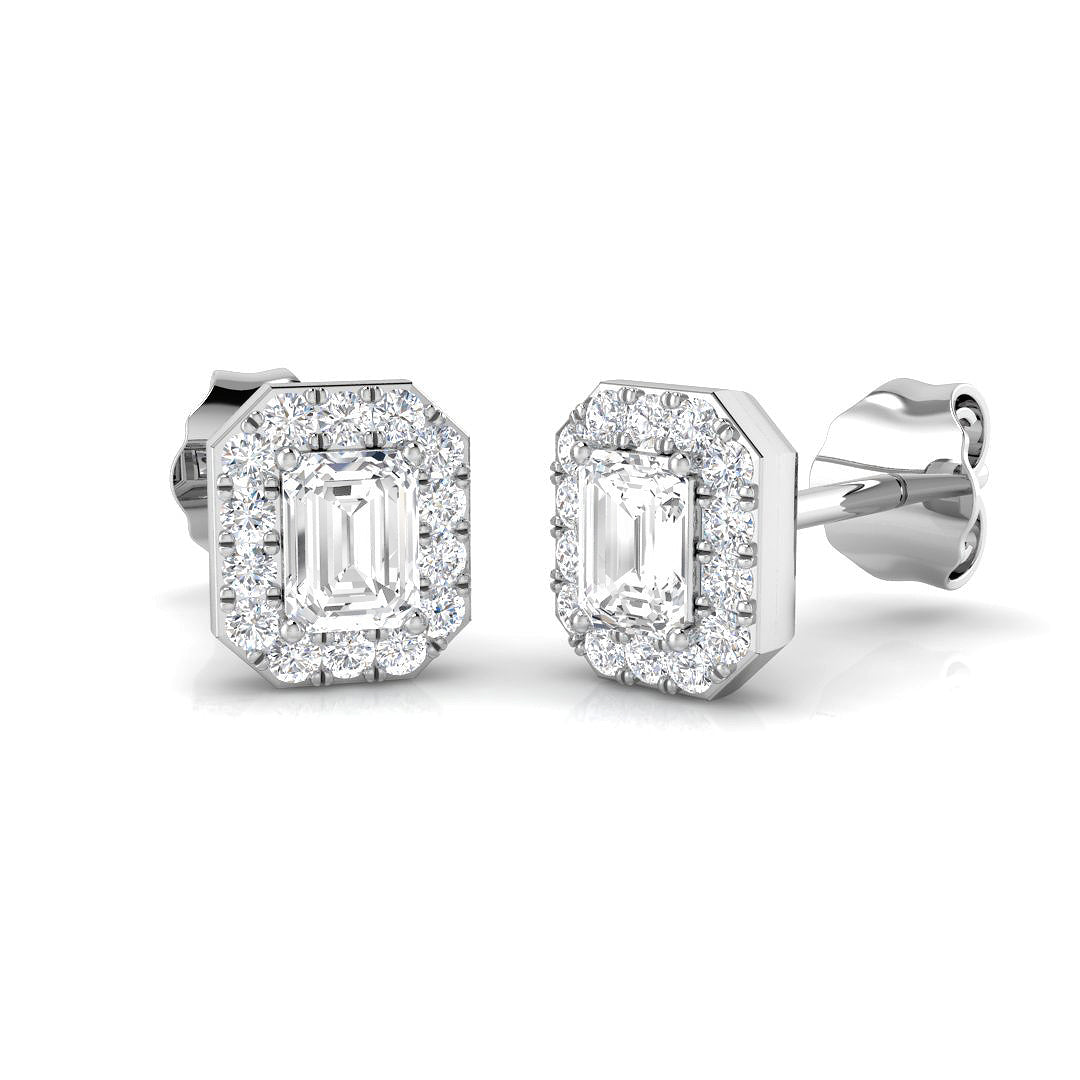 Halo Stud Earrings - 0.50 Carat Gigi Emerald Cut Art Deco Border in 10K/14K gold and platinum with certified lab-grown or natural diamonds