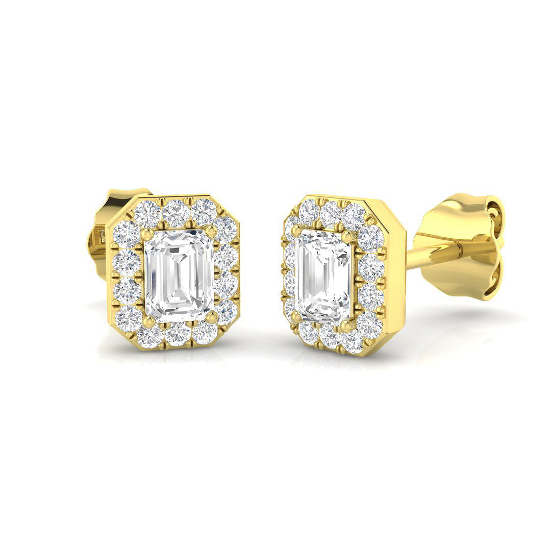 Halo Stud Earrings - 0.50 Carat Gigi Emerald Cut Art Deco Border in 10K/14K gold and platinum with certified lab-grown or natural diamonds