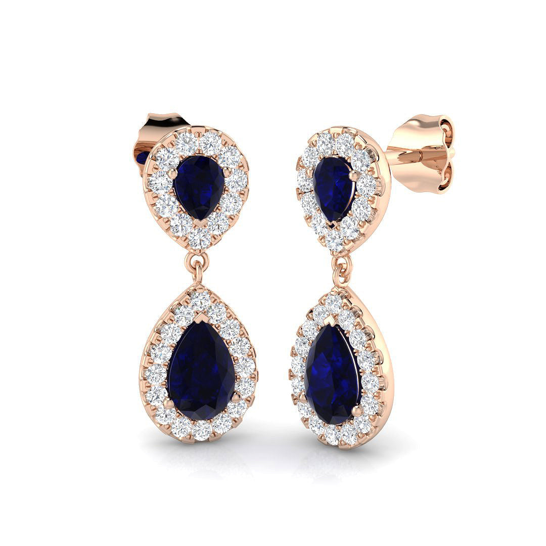 Pear Shaped Halo Dangle Earrings in 10K/14K gold and platinum with certified lab-grown or natural diamonds