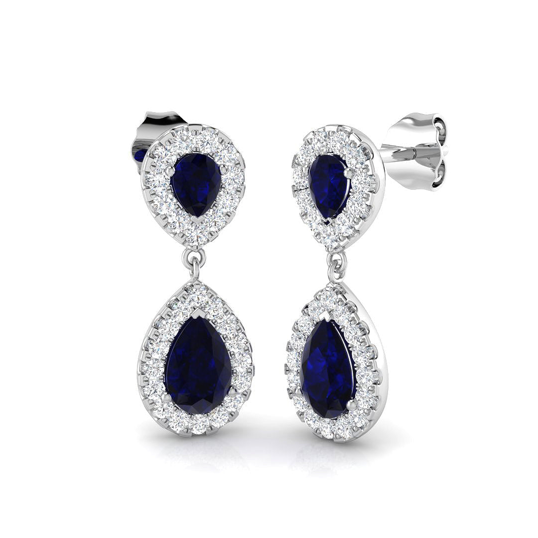 Pear Shaped Halo Dangle Earrings in 10K/14K gold and platinum with certified lab-grown or natural diamonds