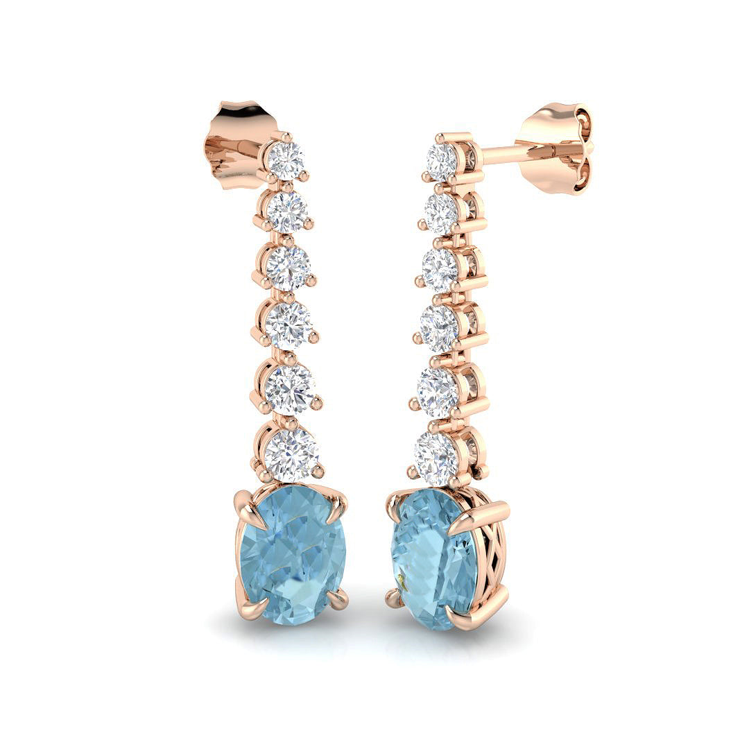 Oval Cut Aquamarine Graduate Diamond Drop Earrings - Three Prong Set in 10K/14K gold and platinum with certified lab-grown or natural diamonds