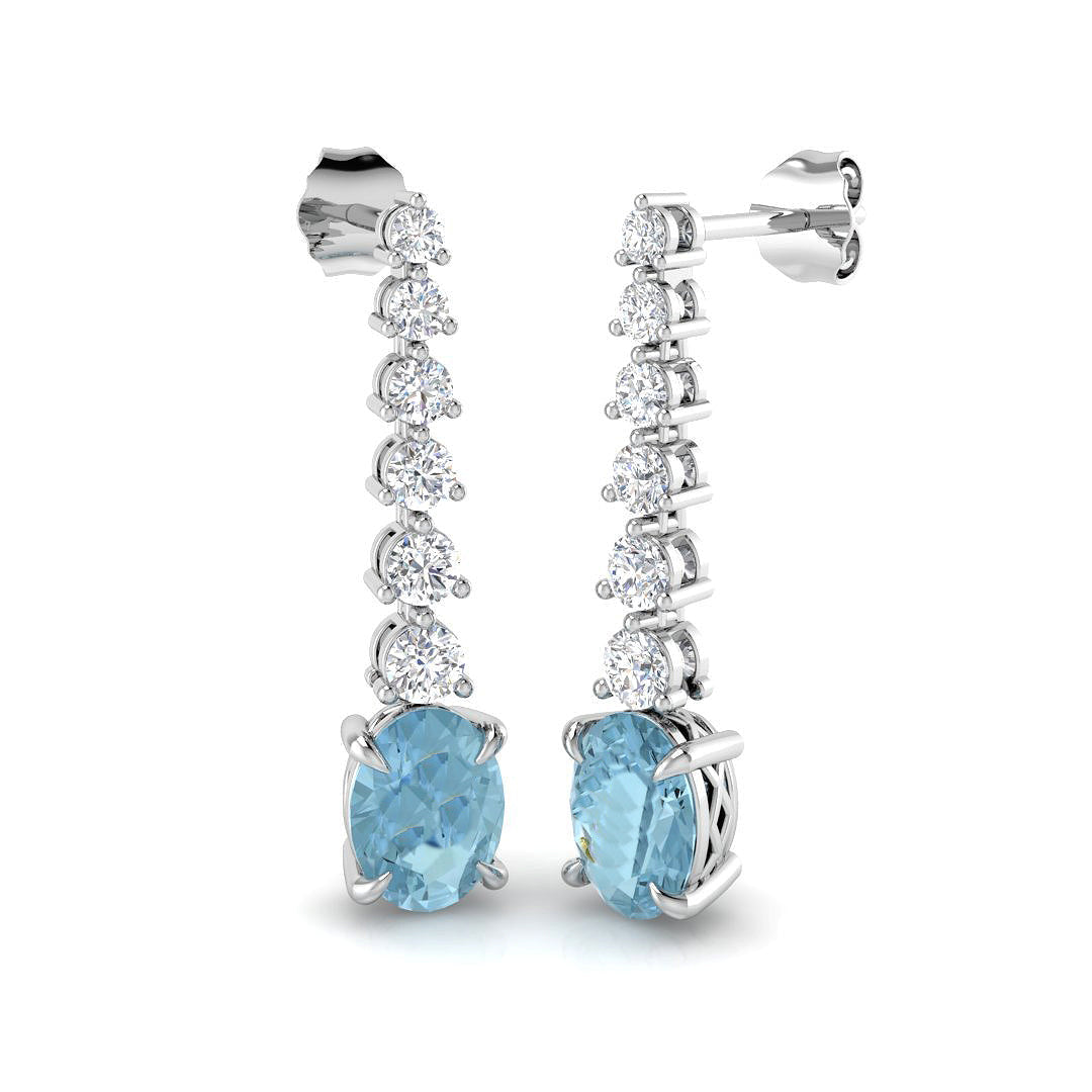 Oval Cut Aquamarine Graduate Diamond Drop Earrings - Three Prong Set in 10K/14K gold and platinum with certified lab-grown or natural diamonds