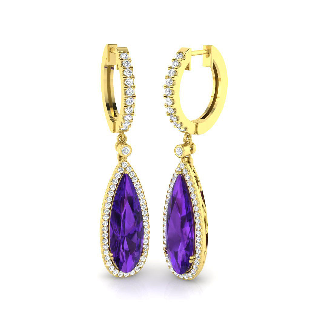 Teardrop Amethyst Diamond Drop Earrings in 10K/14K gold and platinum with certified lab-grown or natural diamonds