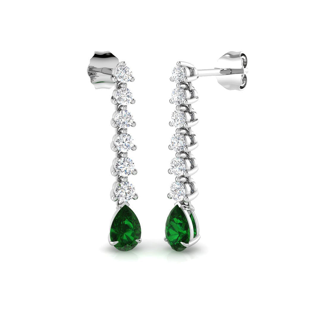 Pear Shape Emerald Drop Earrings with Liner Diamond Accents in 10K/14K gold and platinum with certified lab-grown or natural diamonds