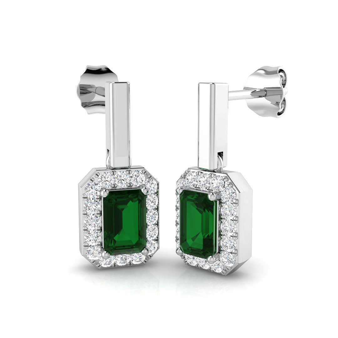 Green Emerald Halo Drop Earrings in 10K/14K gold and platinum with certified lab-grown or natural diamonds