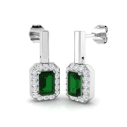 Green Emerald Halo Drop Earrings in 10K/14K gold and platinum with certified lab-grown or natural diamonds