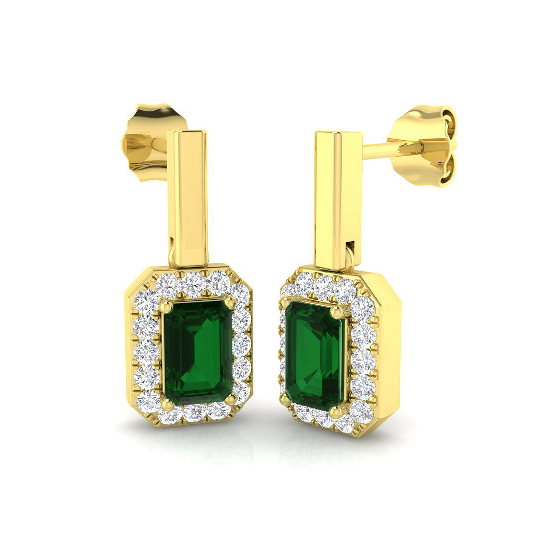 Green Emerald Halo Drop Earrings in 10K/14K gold and platinum with certified lab-grown or natural diamonds