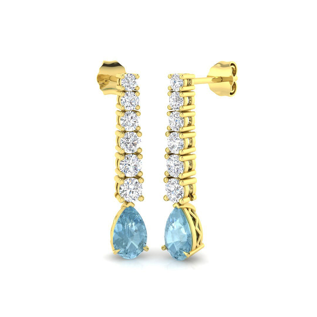 Teardrop Aquamarine Diamond Drop Earrings with Liner Diamonds in 10K/14K gold and platinum with certified lab-grown or natural diamonds