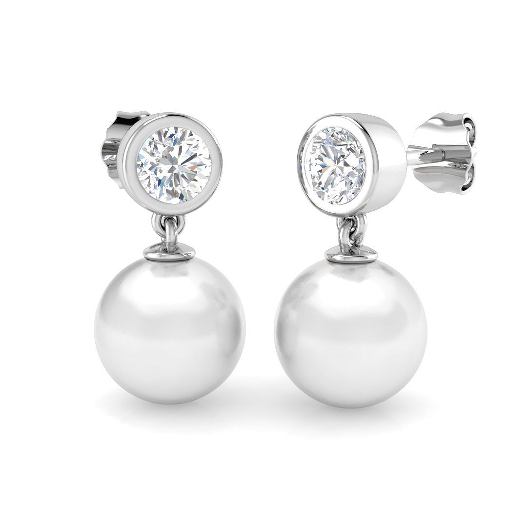 Pearl Diamond Drop Earrings with Bezel Set Round Diamonds - Push Back in 10K/14K gold and platinum with certified lab-grown or natural diamonds