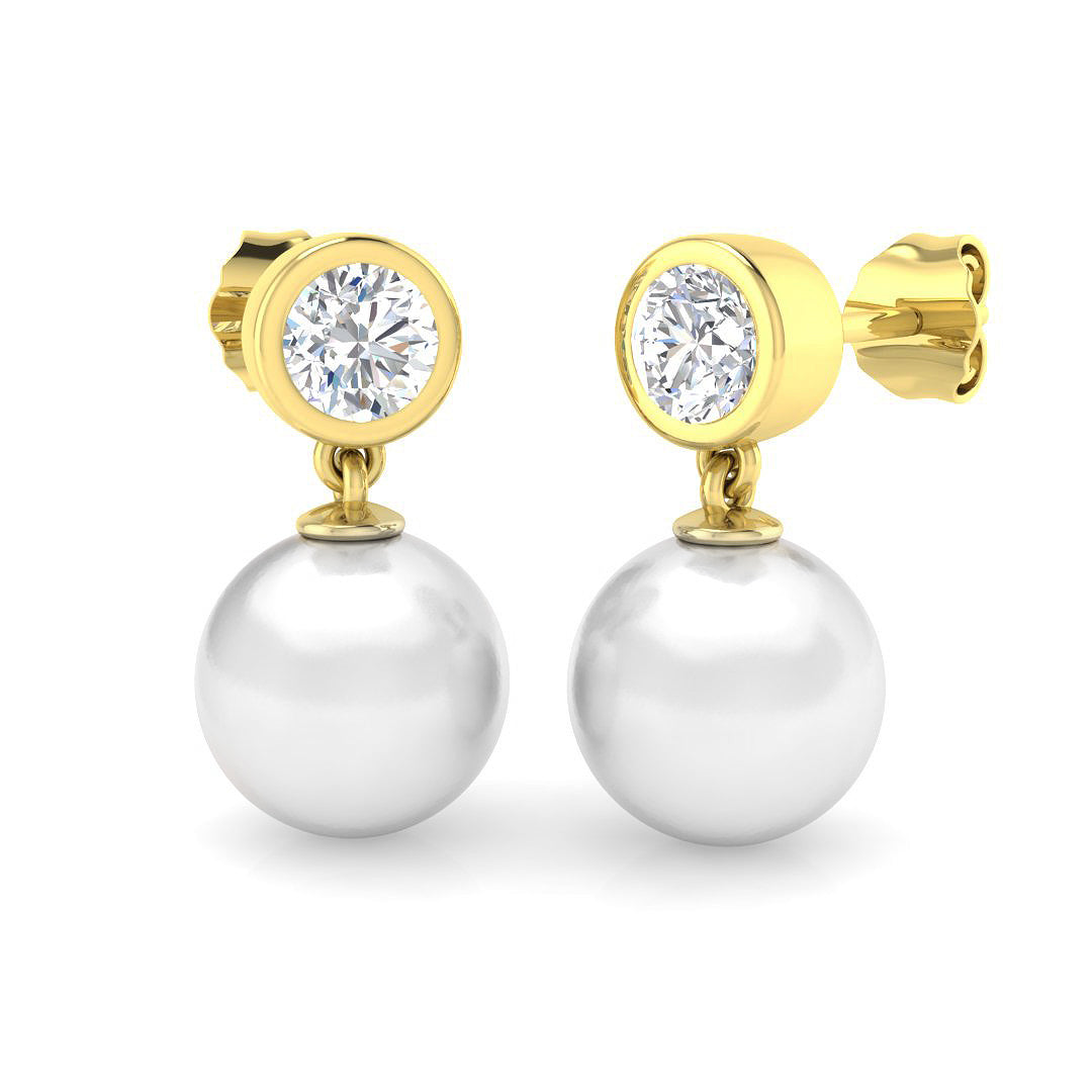 Pearl Diamond Drop Earrings with Bezel Set Round Diamonds - Push Back in 10K/14K gold and platinum with certified lab-grown or natural diamonds