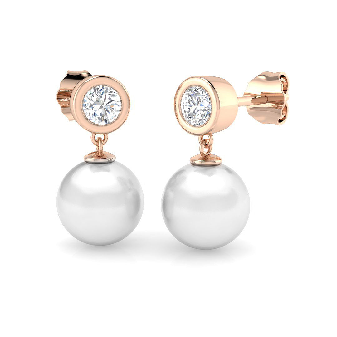 Bezel Set Diamond Pearl Drop Earrings - Luxurious Designer Jewelry in 10K/14K gold and platinum with certified lab-grown or natural diamonds