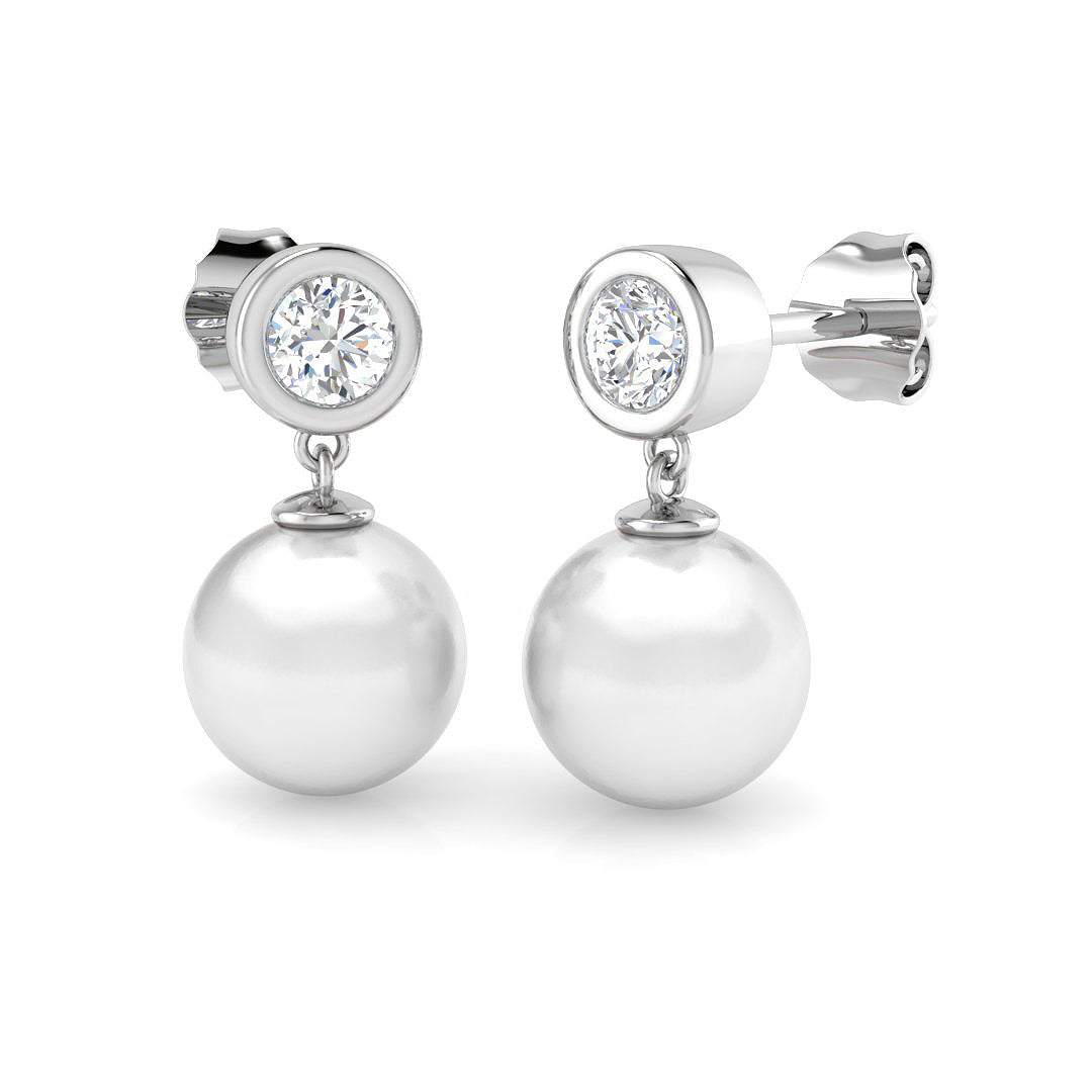 Bezel Set Diamond Pearl Drop Earrings - Luxurious Designer Jewelry in 10K/14K gold and platinum with certified lab-grown or natural diamonds