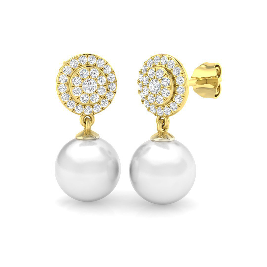 Pearl Halo Diamond Drop Earrings - Cluster Pave Diamonds - UK Made in 10K/14K gold and platinum with certified lab-grown or natural diamonds